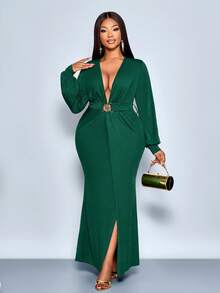 SOLERSUN Plus Size Fall And Spring New Style Glossy High Elastic Fabric Solid Color Green Deep V Neck Pleated Slit Design Metal Buckle Bow Tie Curve Long Sleeve Mid-Length Dress Suitable For Dating Dinner Cocktail Party Wedding Guests Graduation Party Music Festival Carnival Christmas Halloween Thanksgiving Sexy Elegant Simple Fashion Women's Clothing