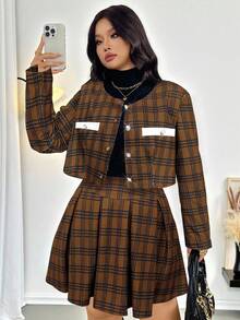 Firerie Plus Size Women's Elegant Commuter Workwear Sophisticated High-End Afternoon Tea Slightly Sexy Date Music Concert Collegiate Vintage Black & White Plaid Print Long Sleeve Jacket & Pleated Mini Skirt, Back To School Outfit Flannel Wednesday Addams In Fall/Winter Brown 2 Piece Set Modest Two Piece Set Plaid Two Piece Set 2 Piece Casual Sets Woman Brown Outfit Women