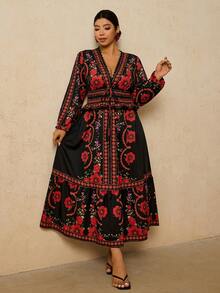 Travachic 大码女式黑红印花连衣裙，褶皱蕾丝边拼接连衣裙，腰部系带A字长袖长款连衣裙，浪漫约会旅行连衣裙 - 黑色 - 查看 7