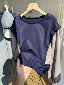 Resyla Women's Casual Contrast Color Drawstring Hem T-Shirt, Autumn - Navy Blue - View 3