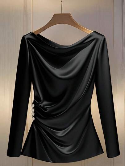 Franclia Camiseta de mujer de manga larga con cuello drapeado elegante, decoración de volantes laterales y botones