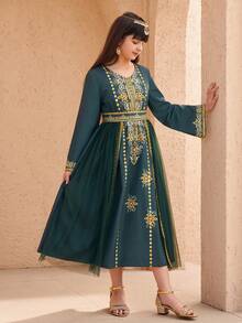 SHEIN 少女碎花连衣裙，时尚印花连衣裙，独特花卉图案，优雅的中东风情连衣裙 - 綠色 - 查看 9