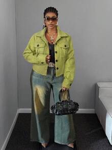 Maweii Plus Size Women's Pocket French Retro High Collar Cinched Waist Jacket - Green - View 2