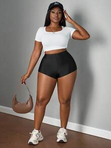 SHEIN PETITE CURVE Plus Size Solid Color Zipper Tight High Waist Sexy Shorts - Black - View 4