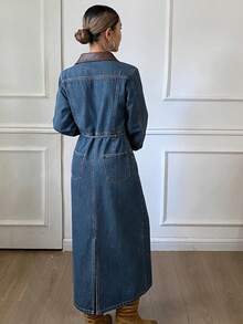 Livesso 女士休闲直筒裤/裙，撞色拼接设计，收腰剪裁，大口袋，适合街头、户外、商务休闲场合穿着，春夏秋季皆宜。 - 深色水洗藍 - 查看 6