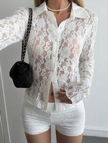 Livesso Lace Hollow Out Cardigan Blouse, Casual Street Style Vacation Shirt, Long Sleeve Top For Women, Suitable For Autumn, Spring, Summer - White - View 2