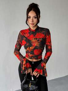 Chiquease Women's Stand Collar Long Sleeve Hollow Back Floral Print Elegant Sexy Blouse, Suitable For Dates And Valentine's Day - Red - View 4
