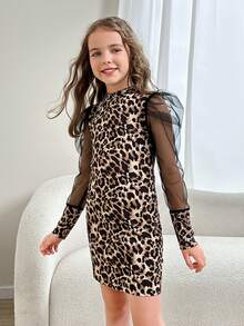 女大童豹紋印花網紗拼接羊腿袖小高領洋裝 - 彩色 - 查看 4