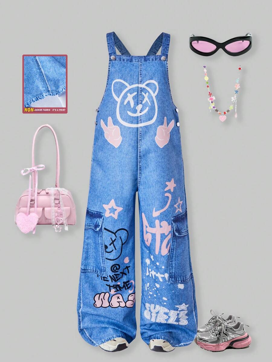 SHEIN ChillGRL 少女印花铆钉装饰宽松背带裤 - 彩色 - 查看 1