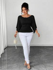 SHEIN Tall CURVE 大码女式针织高弹喇叭袖圆领纯色优雅T恤 - 黑色 - 查看 5