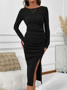 SHEIN Clasi Women's Solid Color Round Neck Long Sleeve Side Slit Ruched Hem Fitted Mid-Length Dress - Black - View 7