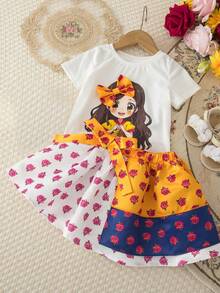SHEIN Conjunto de 2 piezas de blusa de manga corta y falda con estampado floral lindo para niñas - Azul - Ver 8