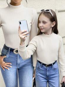 SHEIN Camiseta de manga larga con cuello de tortuga y mangas farol, de tela acanalada texturizada blanca sólida, para uso diario casual de niñas preadolescentes - Beis - Ver 7