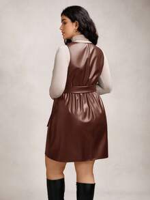 Zelara Plus Size Women Solid Color PU Leather Sleeveless Single-Breasted Fashionable Versatile Belted Dress