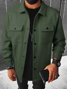 Manfinity Homme Men Long Sleeve Button Front Flap Pocket Overcoat , Fall Winter - Army Green - View 3