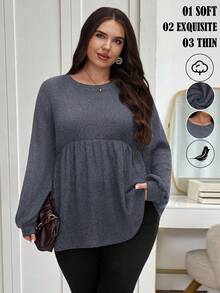 SHEIN LUNE 大码宽松针织纹理面料上衣 - 寶藍色 - 查看 1