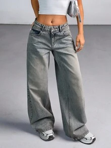 CasuGlow Quần jeans ống rộng cạp thấp giặt mài phong cách vintage casual đồ đi làm cho nữ, set đồ mùa hè nữ, outfit mùa hè nữ, quần jeans nữ size lớn, quần áo nữ Y2K, quần dài nữ, quần áo mùa hè nữ - Rửa trung bình - Xem 5
