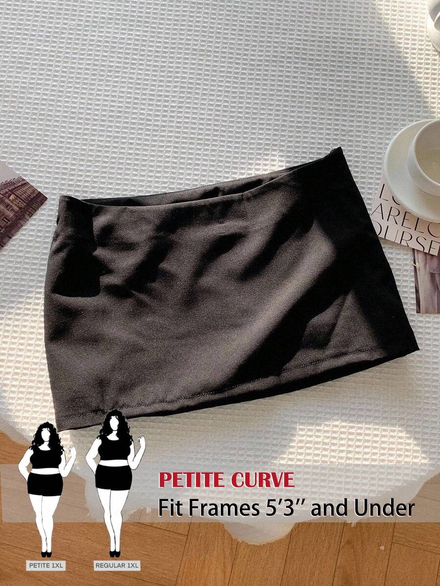 SHEIN PETITE CURVE Chân váy chữ A đơn giản, màu trơn, dễ mặc hàng ngày, đi làm, cỡ lớn, mùa hè - màu đen - Xem 1