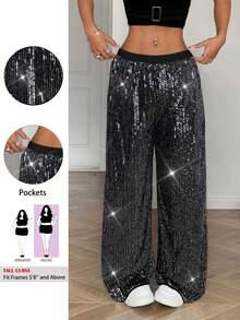 SHEIN Tall CURVE Pantaloni larghi con vita elastica e paillettes, colore unito, taglie comode per donne formose - nero - Visualizzare 1