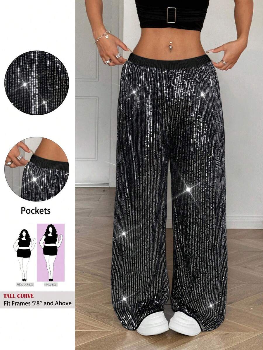 SHEIN Tall CURVE Pantaloni larghi con vita elastica e paillettes, colore unito, taglie comode per donne formose - nero - Visualizzare 1