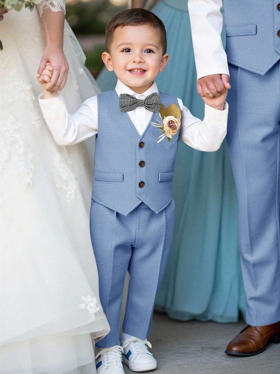 3 件套年轻男孩绅士装：卡其色背心、松紧腰裤、领结和长袖衬衫套装，春夏 - 藍色 - 查看 1