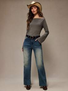 WESTFADE Striped Rib-Knit Envelope Neck Long Bell Sleeve Relaxed Fit Top Winter, Boho, Western Wear, Holiday, Christmas, NYE, New Year, Nashville Cowgirl, Casual, Cute - Multicolor - View 3