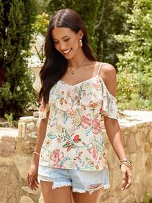 KARISMINA Women's Floral Off-Shoulder Ruffle Hem Blouse, Vacation Wear - Multicolor - View 3