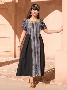 Tween Girl Geometric Print Square Neck Elegant Short Sleeve Dress Abaya