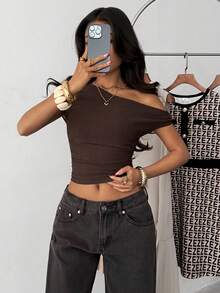 Teen Girl Casual Fashionable Solid Color Knit Asymmetrical Shoulder Short Sleeve Top - White - View 3