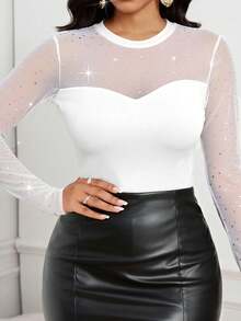 SHEIN Lady Áo thun nữ dáng ôm, đơn giản, tối giản, ren chắp vá, thanh lịch và gợi cảm, cỡ lớn, thời trang thu đông - trắng - Xem 1