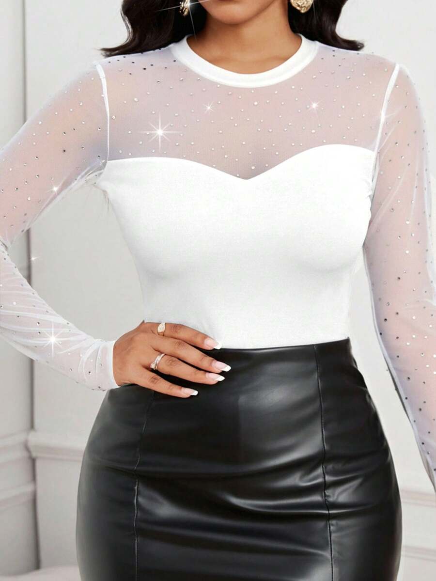 SHEIN Lady Áo thun nữ dáng ôm, đơn giản, tối giản, ren chắp vá, thanh lịch và gợi cảm, cỡ lớn, thời trang thu đông - trắng - Xem 1