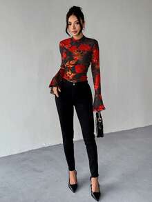 Chiquease Women's Stand Collar Long Sleeve Hollow Back Floral Print Elegant Sexy Blouse, Suitable For Dates And Valentine's Day - Red - View 6