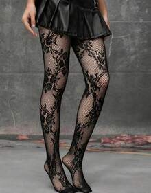 ROMWE Goth 1 Pair White Floral Fishnet Tights/Pantyhose - Black Black - View 4