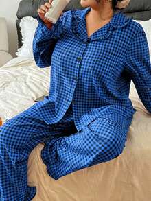 Bộ đồ ngủ kẻ caro ve áo cỡ lớn - Nhiều màu - Xem 3