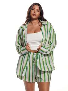 Solavibe Plus Size Striped Print Button Front Long Sleeve Top And Pocket Shorts 2 Pieces Set,Vacation,Summer Clothes, Summer Outfit For Women,Beach Outfit For Women - Green - View 5