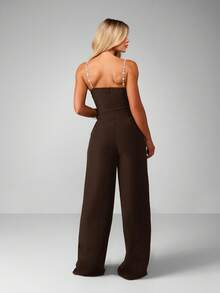 MISSGUIDED Diamante Strap Bustier Wide Leg Jumpsuit With Sweetheart Neckline And Crystal Embellished Straps - Coffee Brown - View 2