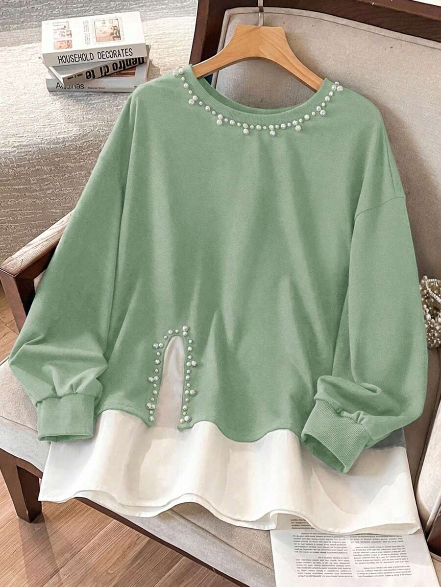 Lacomfia 1 pieza Sudadera negra de manga larga para mujer, top de diseño con tachuelas de moda - Verde - Ver 1