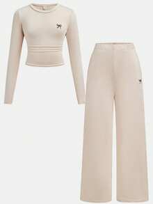 SHEIN Tween Girls Versatile Butterfly Pattern Long Sleeve Top And Long Pants 2 Pieces Set, Apricot - Apricot - View 10