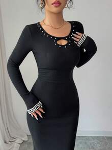 Modelyn Women's Elegant Hollow-Out Ribbed Knit Dress With Pearl Decor, Winter - Black - View 7