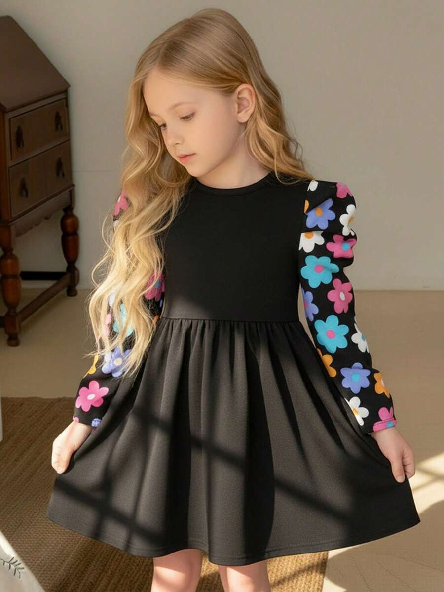 LMoss Kids Váy len cổ tròn tay dài họa tiết hoa chắp vá cho bé gái - màu đen - Xem 1