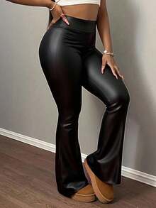 SHEIN PETITE CURVE 大码女式休闲时尚街头风PU皮高腰喇叭裤，春季，适合女士嘉年华服装、派对、外出、休闲穿着，黑色裤子 - 黑色 - 查看 8