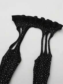 SHEIN 1 件女士性感内衣配饰 - 高弹力半透明水钻渔网连裤袜，适合派对、舞会、夜总会 - 黑色 - 查看 3