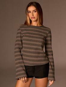 SHEIN Forever 21 T-shirt décontracté pour femmes à manches évasées avec rayures et couleurs contrastées, automne - Tabac - Voir 3