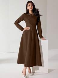 Heiryn Damen Kleid mit Rundhalsausschnitt, Langarm und Strass-Verzierung