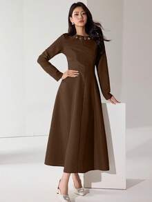 Heiryn Women's Rhinestone Decor Crew Neck Long Sleeve Dress Long Brown Dress - Coffee Brown - View 1