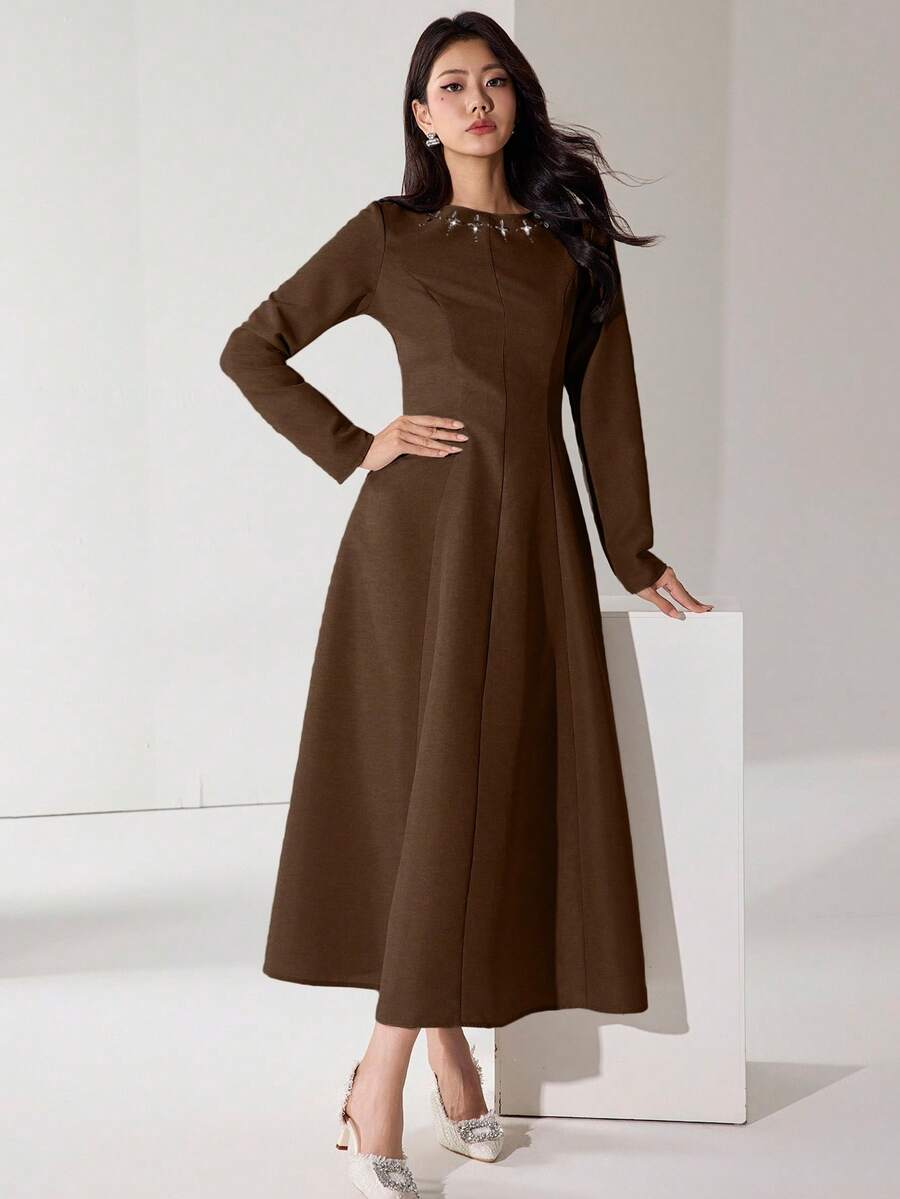 Heiryn Women's Rhinestone Decor Crew Neck Long Sleeve Dress Long Brown Dress - Coffee Brown - View 1