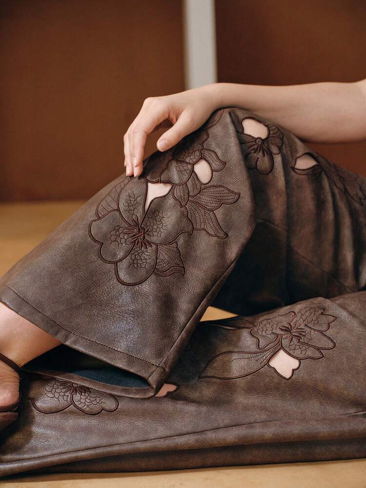 Women's Elegant High-End Brown PU Embroidered Hollow-Out Plus Size Pants, Suitable For Christmas, Autumn/Winter