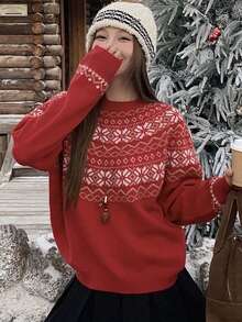 DAZY Suéter de punto jacquard con cuello redondo, estilo holgado retro y suave - Rojo - Ver 6