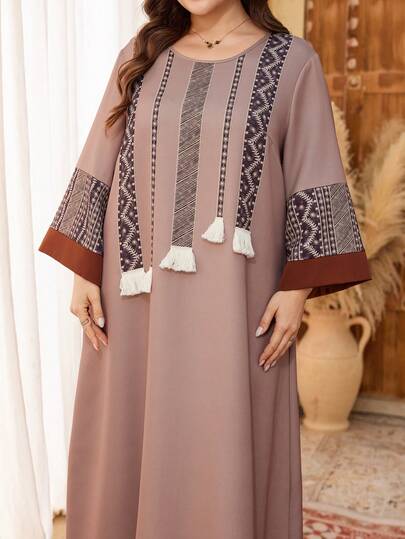 Al Najma Plus Size Women's Spring/Autumn Patchwork Ribbon & Tassel Decor Flare Sleeve Loose Arabic Dress
