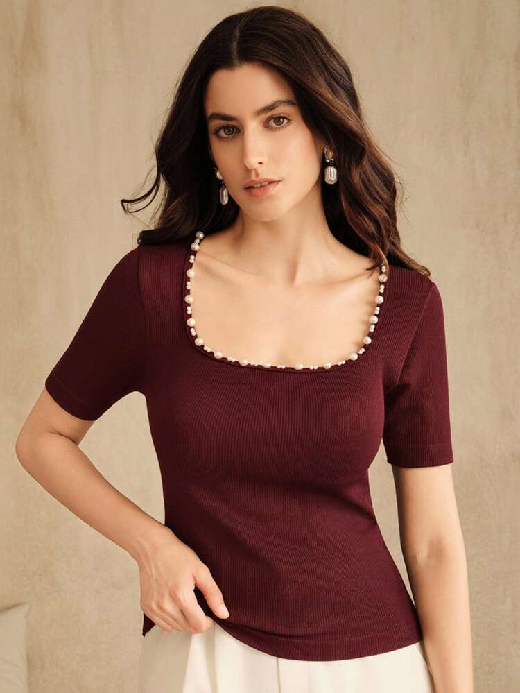 Anewsta New Fashionable Seamless Fitted Rhinestone Embellished Crew Neck T-Shirt - Burgundy - View 4